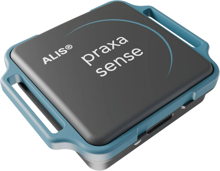 The EVKit&trade; wearable module: a 40 &times; 40 &times; 14 mm square sensor with teal strap loops and the ALIS&reg; and Praxa Sense marks on top
